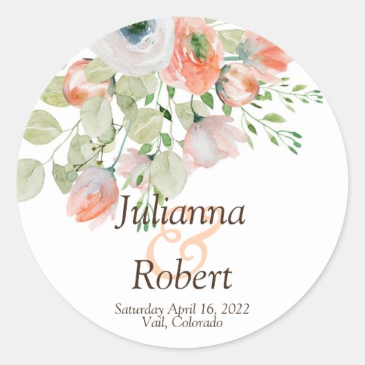 Roze en blauwe waterverf florale bruiloft klassiek ronde sticker (Voorkant)