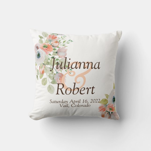 Roze en blauwe waterverf florale bruiloft met roze kussen (Voorkant)