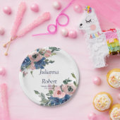 Roze en blauwe waterverf florale bruiloft papieren bordje (Feest)