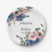 Roze en blauwe waterverf florale bruiloft papieren bordje (Voorkant)