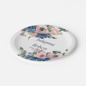 Roze en blauwe waterverf florale bruiloft papieren bordje (Gekanteld)