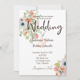 Roze en blauwe waterverf florale huwelijksuitnodig kaart