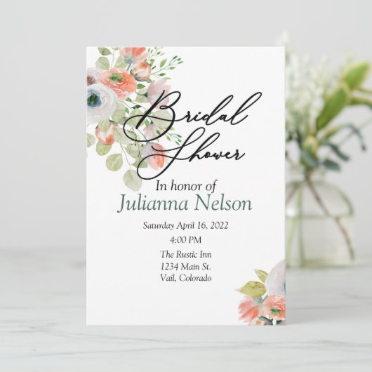 Roze en blauwe waterverf florale uitnodiging (Staand voorkant)