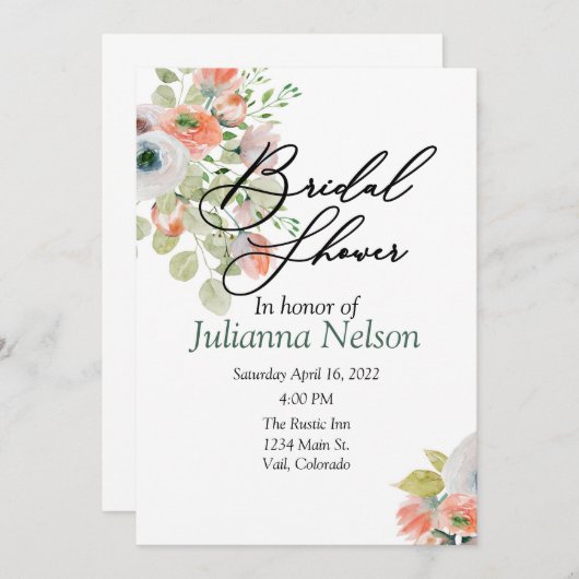 Roze en blauwe waterverf florale uitnodiging (Voorkant / Achterkant)