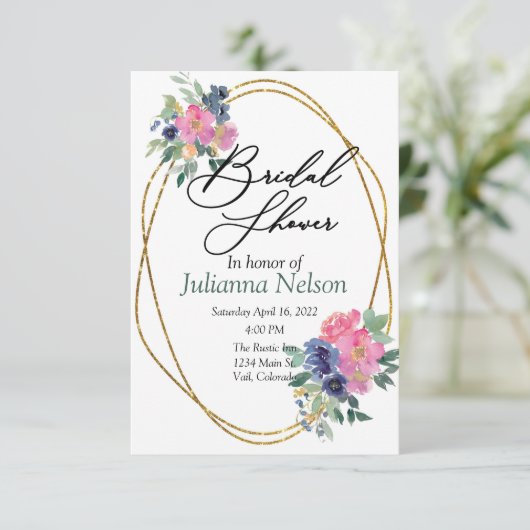 Roze en blauwe waterverf florale uitnodiging (Staand voorkant)