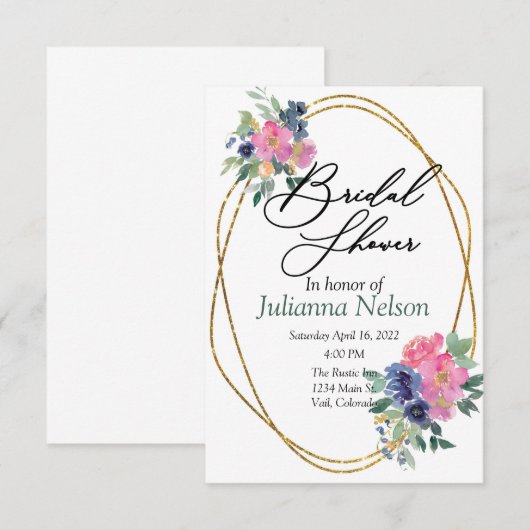 Roze en blauwe waterverf florale uitnodiging (Voorkant / Achterkant)