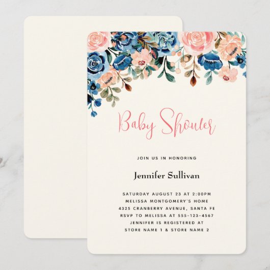 Roze en blauwe Waterverf Flowers Baby shower Kaart (Voorkant / Achterkant)