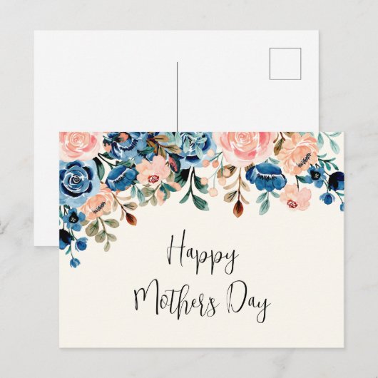 Roze en blauwe Waterverf Flowers Moederdag Briefkaart (Voorkant / Achterkant)