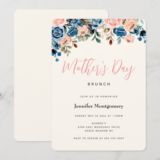 Roze en blauwe Waterverf Flowers Moederdag Brunch Kaart (Voorkant / Achterkant)