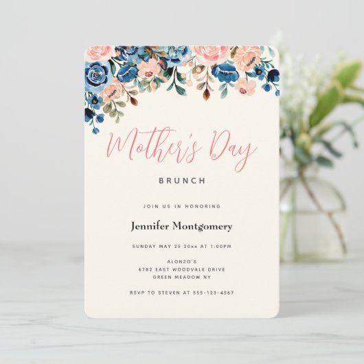Roze en blauwe Waterverf Flowers Moederdag Brunch Kaart (Staand voorkant)