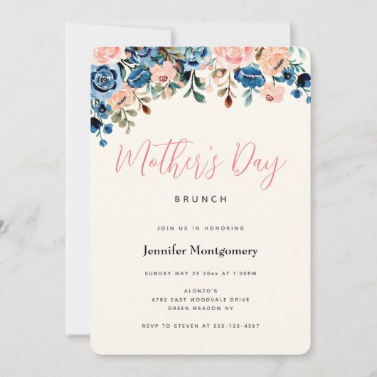 Roze en blauwe Waterverf Flowers Moederdag Brunch Kaart (Voorkant)