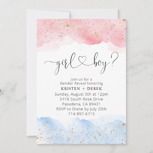 Roze en Blauwe Waterverf Gender Reveal Kaart (Voorkant)