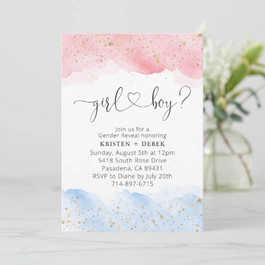 Roze en Blauwe Waterverf Gender Reveal Kaart (Staand voorkant)