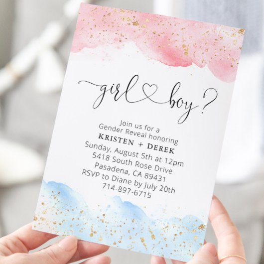 Roze en Blauwe Waterverf Gender Reveal Kaart