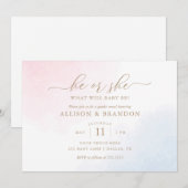 Roze en blauwe Waterverf Genderonderzoek Uitnodigi Kaart (Voorkant / Achterkant)