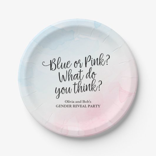 Roze en blauwe Waterverf Geslacht onthullen Baby s Papieren Bordje (Voorkant)