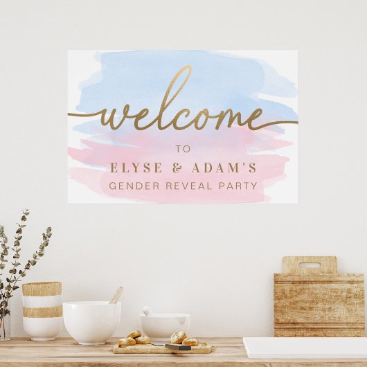 Roze en blauwe Waterverf Geslacht onthullen Welkom Poster (Keuken)