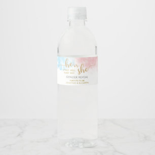 Roze en blauwe Waterverf Gold Glitter Gender onthu Waterfles Etiket