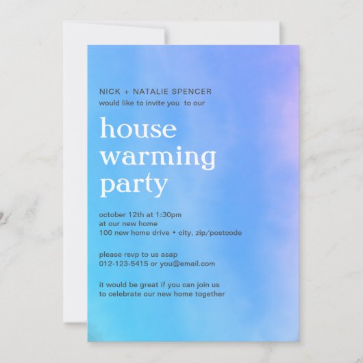 Roze en blauwe waterverf House warming party Uitno Kaart (Voorkant)