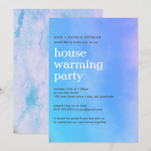 Roze en blauwe waterverf House warming party Uitno Kaart (Voorkant / Achterkant)