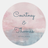 Roze en blauwe waterverf huwelijkslabel ronde sticker (Voorkant)