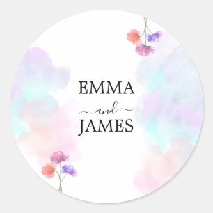 Roze en blauwe waterverf huwelijksstickers ronde sticker