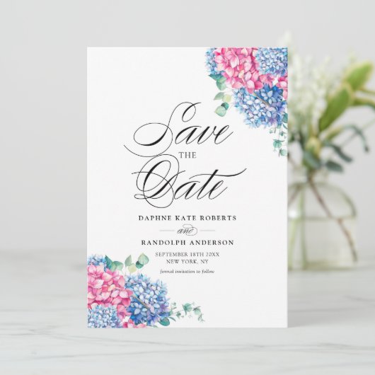 Roze en blauwe Waterverf Hydrangeas Floral Save The Date (Staand voorkant)