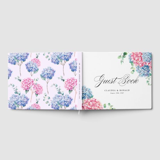 Roze en blauwe Waterverf Hydrangeas Spring Wedding Gastenboek (Volledig)