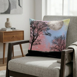 Roze En Blauwe Waterverf Lucht Bomen En Maan Kussen