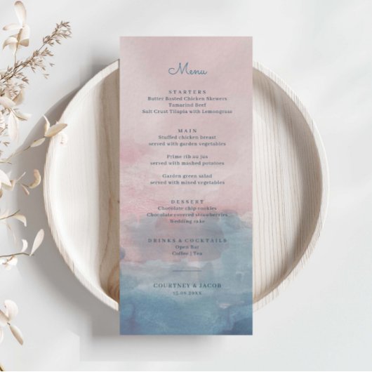 Roze en Blauwe Waterverf Menu Kaart