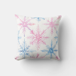 Roze en Blauwe Waterverf Snowflake Sierkussen