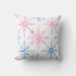 Roze en Blauwe Waterverf Snowflake Sierkussen