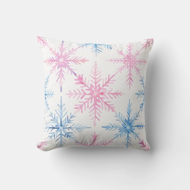 Roze en Blauwe Waterverf Snowflake Sierkussen (Voorkant)