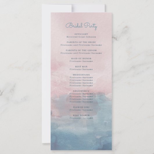Roze en Blauwe Waterverf Trouwceremonie Programma (Achterkant)