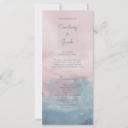 Roze en Blauwe Waterverf Trouwceremonie Programma (Voorkant)