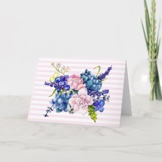 Roze en blauwe Waterverf Vloer Bouquet Note Kaart (Voorkant)