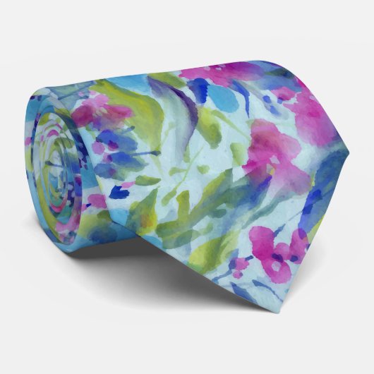 Roze en blauwe Waterverven - Floral Patroon Stropdas (Opgerold)