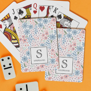 Roze en Blauwe Whimsical Bloempatronen Monogram Pokerkaarten