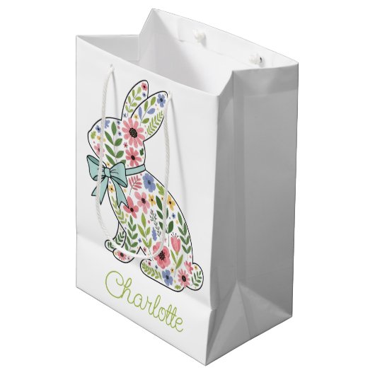 Roze en blauwe wilde bloemen Pasen konijn Medium Cadeauzakje (Voorkant Gekanteld)