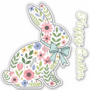 Roze en blauwe wilde bloemen Pasen konijn Sticker