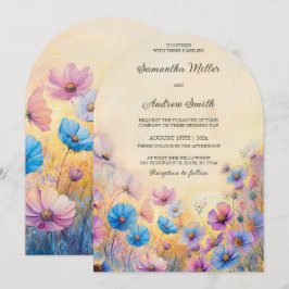 Roze en blauwe wilde bloemen trouw uitnodigingen