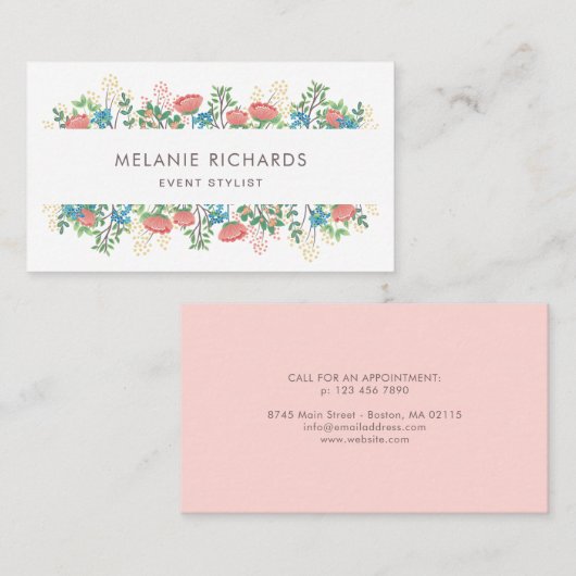 Roze en blauwe wilde bloemen visitekaartje (Voorkant / Achterkant)