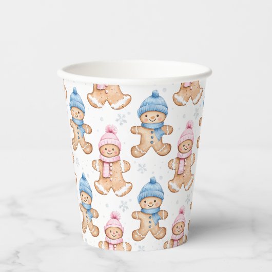 Roze en Blauwe Winter Peperkoek Geslacht Reveal Papieren Bekers (Voorkant)