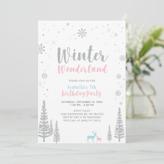 Roze en Blauwe Winter Wonderland Kinderen Birthday Kaart (Staand voorkant)
