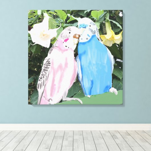 Roze en blauwe zogende boedgies en Angel Trumpets Canvas Afdruk (Insitu (Houten vloer))