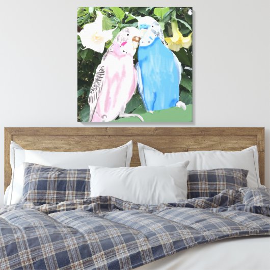Roze en blauwe zogende boedgies en Angel Trumpets Canvas Afdruk (Insitu (Slaapkamer))