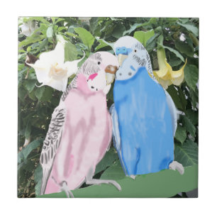 Roze en blauwe zogende boedgies en Angel Trumpets Tegeltje