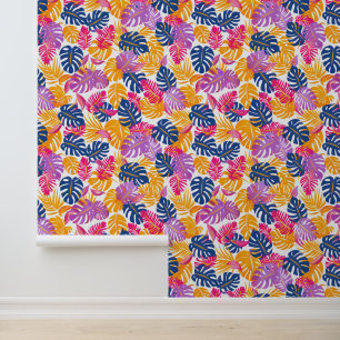 Roze en Blauwe Zomer Tropische Monstera Behang