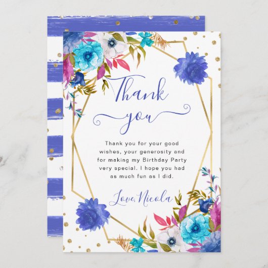Roze en Blauwe Zomerbloemen Lijst Verjaardag Bedankkaart (Voorkant / Achterkant)