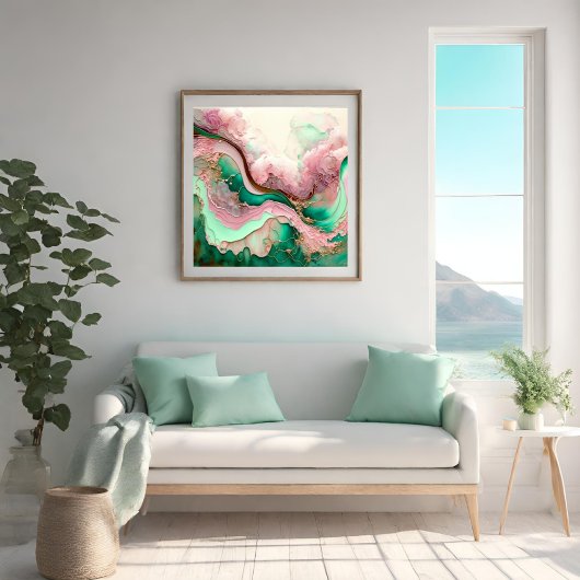 Roze en Blauwgroen Abstracte Oceaan beweging Perfect Poster